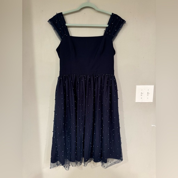 GAL MEETS GLAM Pleats Beaded Navy Blue Dress - Size 8 - Picture 5 of 7